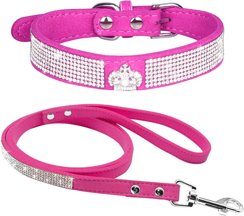 Haoyueer Cute Dazzling Sparkling Elegant Fancy Soft Suede Leather Bling Rhinestone Crystal Jeweled Pet Cat Dog Puppy Collar Dog Leash Combo Set (X...