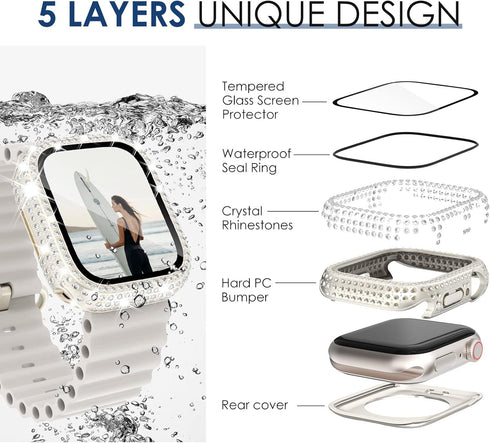 NewWays 2-Pack 2 in 1 Waterproof Bling Case for Apple Watch 41mm Screen Protector, Full Glitter Diamond Rhinestone Bumper Face Cover for iWatch Wo...