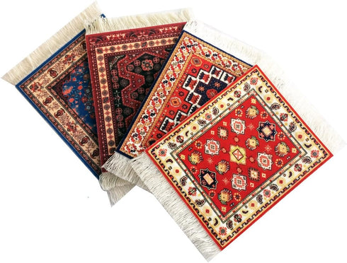 Set of 4 Rug Table Coasters – Oriental Design Fabric Carpet Drink Mats Absorbent Kitchen and Dining Accessories, Spill & Drip Protection, Rectangu...
