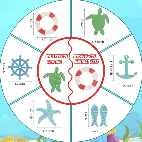 Coastal Cruise Ship Miniature Beach Themed Craft Wood Cutout Starfish, Sea Turtle, Sea Ring, Captain Wheel and Fish Small Wood Nautical Marine Cut...