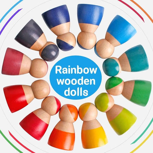 SHIERDU 12 PCS Rainbow Wood Peg Dolls Wooden Pretend Play People Figures for Toddlers Preschool Learning Educational Toys Wooden Toddler Toys for ...