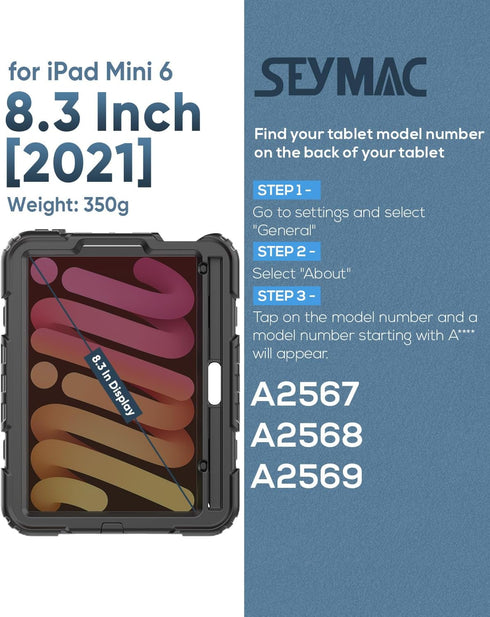 SEYMAC Case for iPad Mini 6 8.3 Inch, Full-Body Shockproof Protective Case with Screen Protector, 360° Rotating Stand, Hand/Shoulder Strap and Pen...