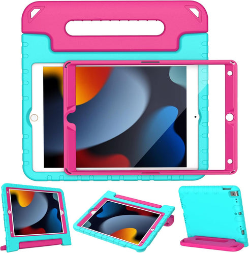 LTROP Kids Case for iPad 9th/ 8th/ 7th Generation (2021/2020/ 2019), iPad 10.2 Handle Stand Case - Turquoise and Rose...