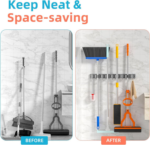 Broom Holder Wall Mount, Improved Adjustable Broom Holder, Super Anti-Slip Mop and Broom Holder Wall Mount, Heavy Duty Tool Organizer for Laundry ...