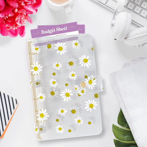 SOUL MAMA PVC A6 Budget Binder with Cash Envelopes for Budgeting - Cute Daisy Yellow Money Organizer for Cash Budget Binder, Clear Budgeting Plann...