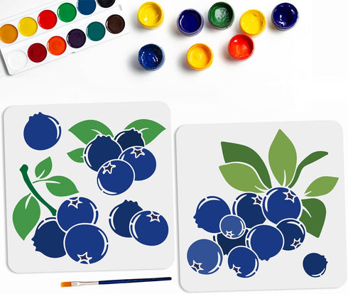 2pcs Blueberry Stencil 11.8×11.8inch Large Summer Fruit Stencils with Paint Brush Reusable Plant Fruit Blueberry Leaves Template for DIY Craft Can...
