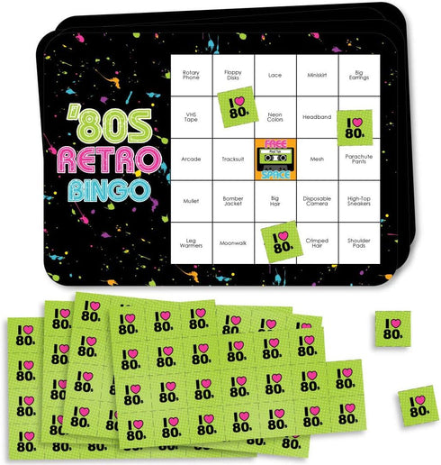 Big Dot of Happiness 80’s Retro - Bar Bingo Cards and Markers - Totally 1980s Party Bingo Game - Set of 18...