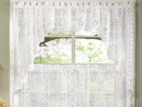 Sweet Home Collection Old World Style Floral Heavy Lace Kitchen Curtain Swag Pair, Hopewell White...