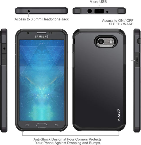 J&D Case Compatible for Samsung Galaxy J3 Emerge, 2017, Prime, Heavy Duty Dual Layer Hybrid Shock Proof Protective Rugged Bumper, Black...