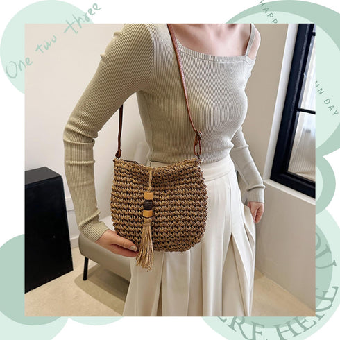 Fashionable Straw Crossbody Bag for Women, Spacious Hand-Woven Purse with Classic Satchels, Rattan Handbag for Beach...