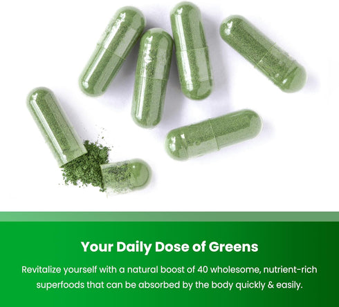Organic Super Greens Capsules - 40+ Superfoods & Greens Supplements Capsules - Alfalfa, Spirulina, Chlorella & More - Antioxidant, Digestive Enzym...