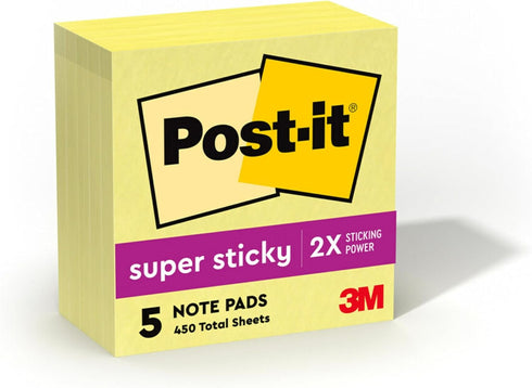 Post-it Super Sticky Notes, 5 Sticky Note Pads, 3 x 3 in., School Supplies for Students, Ideal for Textbooks, Notebooks, Walls and Vertical Surfac...