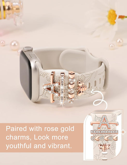 Minyee Compatible with Apple Watch Band with Charms Women 41mm 40mm 38mm 42mm 44mm 45mm 49mm Decorative Ring Loops Floral Engraved Silicone Strap ...