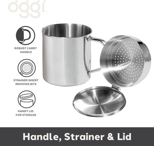 OGGI Stainless Steel Grease Container with Handle, Removable Strainer and Flip Top Lid. Perfect container for fryer oil, bacon drippings, lard and...