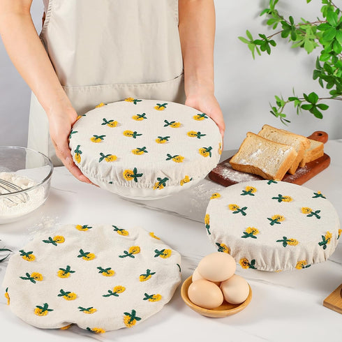 Reusable Bowl Covers for Bread Proofing Baking Embroidered Daisy Linen Cotton Cloth Fabric Washable with Elastic Cover for Food Fruit Salad Eco-fr...