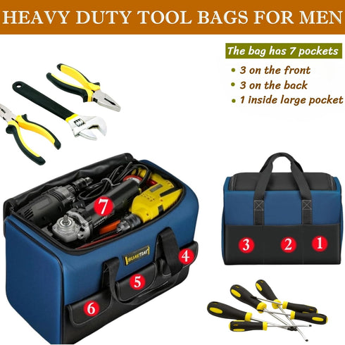 12 Inch Small Tool Bag for Men,Heavy Duty Wide Mouth Tool Tote with 6 Storage Pockets,Large Capacity Handbag,Canvas Mechanic Tool Bags,Portable To...