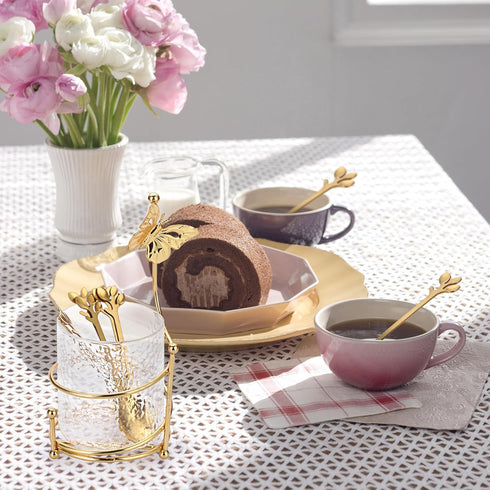 ELLDOO Coffee Spoon Set, Clear Glass Holder with 8 Stainless Steel Gold Leaf Coffee Spoons, Creative Flatware Set for Stirring, Mixing, Sugar, Ice...