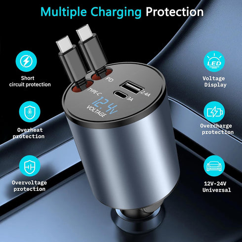 Paiholy 4 in 1 Retractable Car Charger,120W Super Fast Car Charger, Dual Type-C Retractable Cables and 2 USB Ports Car Charger Compatible with Sam...
