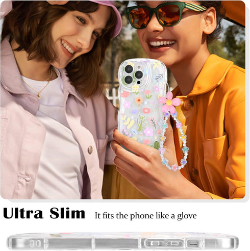 for iPhone 14 Pro Max Case, Cute Colorful Flower Curly Wave Clear Case with Lovely Flower Bracelet Chain for Women Girls Soft TPU Shockproof Prote...