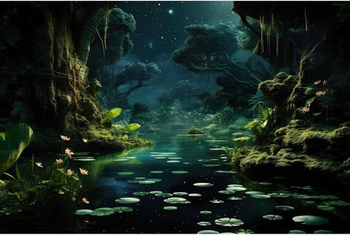 Forest River Aquarium Background Lily Pads Aquatic Plants Moon Stars Night Natural Landscape Terrarium Background Tropical Plants Lush Moss Aquari...