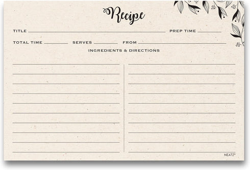 Spacious Recipe Cards 4x6” - 50 count, Double Sided. Thick Card Stock. Perfect for Recipe Box & Recipe Binder. Minimal Floral Kraft-Like Design...