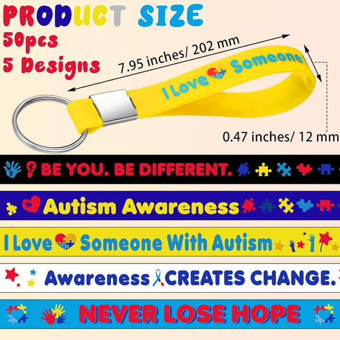 50 Pcs Autism Awareness Silicone Keychains Colorful Inspirational Autism Education Keychains Aba Therapist Gift Thank You Gift for Autistic Mom Wo...