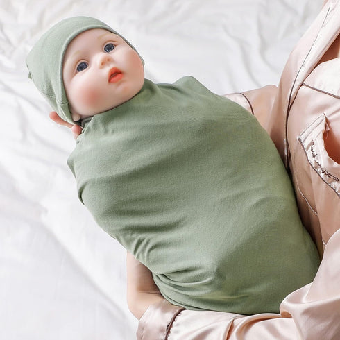 Large Rayon Jersey Knitted Swaddle Blanket for Baby, Soft Stretchy Receiving Blanket for Newborns with Hat, Large 47 x 47 inches (Sage)...
