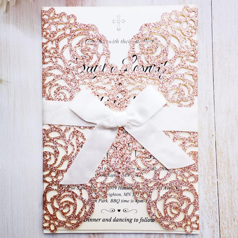 20PCS Laser Cut Wedding Invitations Cards 5“ x 7.28” Hollow Rose with Ivory Ribbons for Bridal Shower Engagement Birthday Graduation Invitation, B...