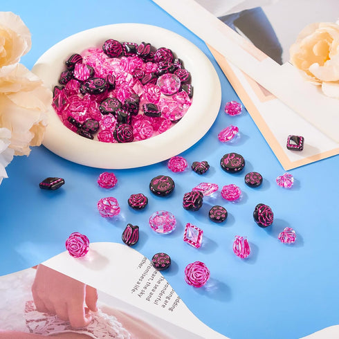 90pcs Acrylic Flower Beads Hot Pink Black Plastic Beads Vintage Rose Tulip Flower Loose Beads for DIY Bracelets Necklace Key Chains Jewelry Making...