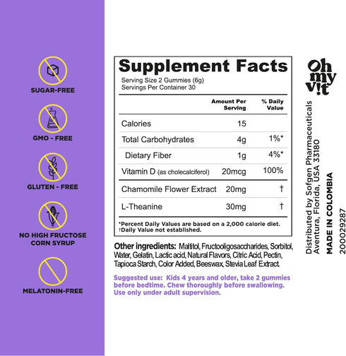 OH MY VIT! Pequeños Dreamz Kids Sugar & Melatonin Free Gummies, Supports Normal Sleep with Chamomile & L-Theanine, Blueberry Flavor for Children a...