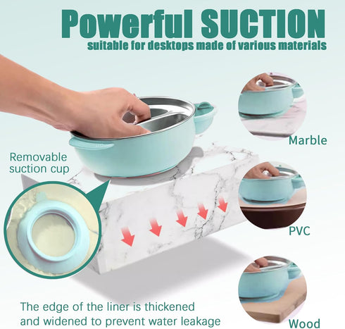 Double-Layer 316 Stainless Steel Baby Bowls with Non-Slip Silicone Suction Cup Insulated Toddler Bowls with Airtight Lids Dinner Plates Set with F...