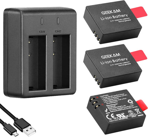 Action Camera Battery Pack, 1350mAh Rechargeable Battery(3-Pack) with USB Dual Charger for Sports Camera, Compatible with AKASO EK7000/CAMPARK/CRO...