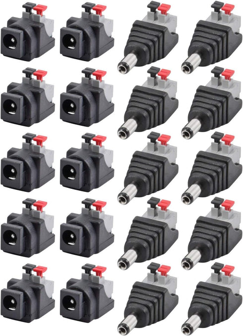 JacobsParts Male and Female DC Power Jack & Plug Screwless Quick Wire Connector 5.5mm x 2.1mm for 12V/24V LED Strip and Electronics (10 Pairs)...