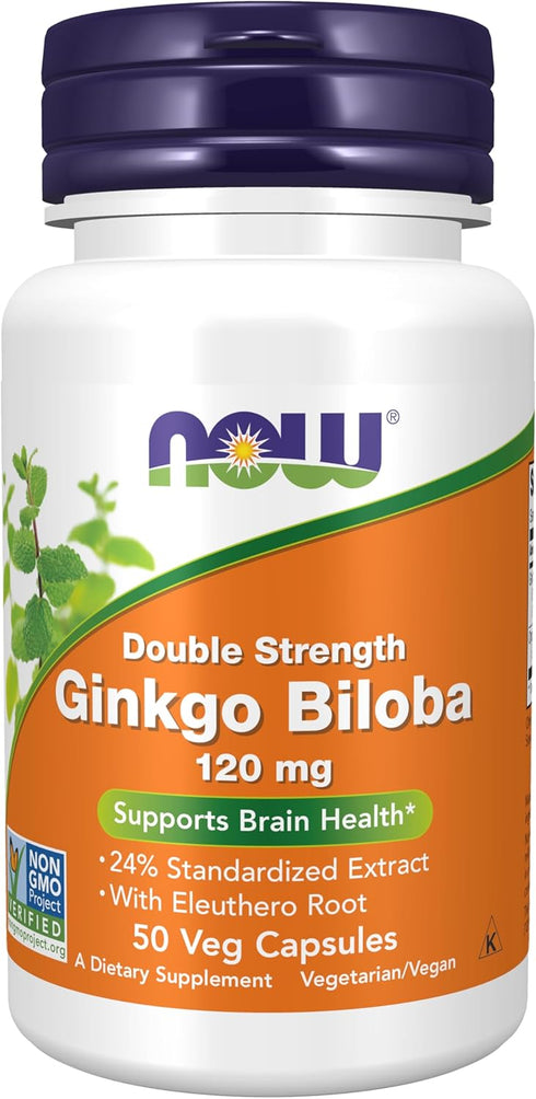NOW Supplements, Ginkgo Biloba 120 mg, Double Strength, Non-GMO Project Verified, 50 Veg Capsules...