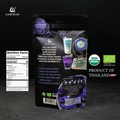 Suwirun Organic Butterfly Pea Powder 4oz – Natural Blue Tea & Superfood – Perfect for Color-Changing Drinks, Baking & Lattes – Premium Thai Herb...
