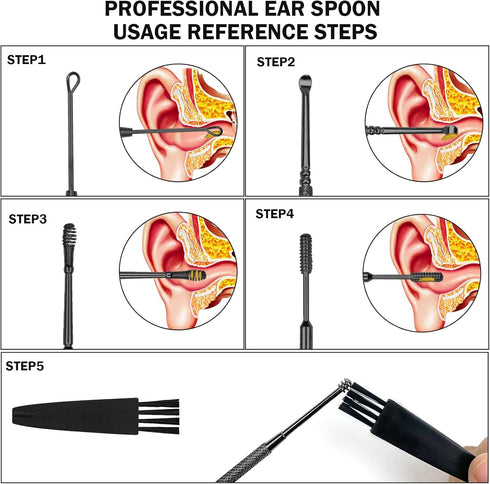 Hion 6 Pcs Ear Wax Removal Kit,Professional Double-Headed Ear Pick Earwax Removal Tools,316L Stainless Steel Ear Cleaner Curette with Cleaning Bru...