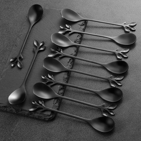 AnSaw Elegant Black Leaf Coffee Spoons - 10-Piece, 4.7" Mini Stainless Steel Espresso & Dessert Tea Spoons, Perfect for Demitasse & Small Servings...