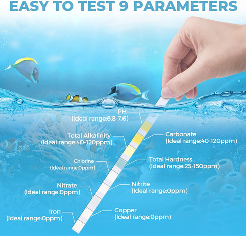 9 in 1 Aquarium Water Test Kit - Easy & Accurate Aquarium Test Strips, 125 Strips Fish Tank Water Testing Kit Monitor pH, Nitrite, Nitrate and Mor...