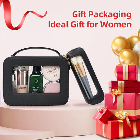 Clear Makeup Bag with Makeup Brush Bag,Double Sided Clear Toiletry Bag for Women,Portable Travel Cosmetic Bag,Makeup Case with Zipper,Leather Make...