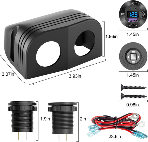 Tent Type Panel 12V USB Outlet Lighted Cigarette Lighter Socket, PD3.0 & QC3.0 Car USB Port Aluminum Charger with LED Voltmeter & Switch, Waterpro...