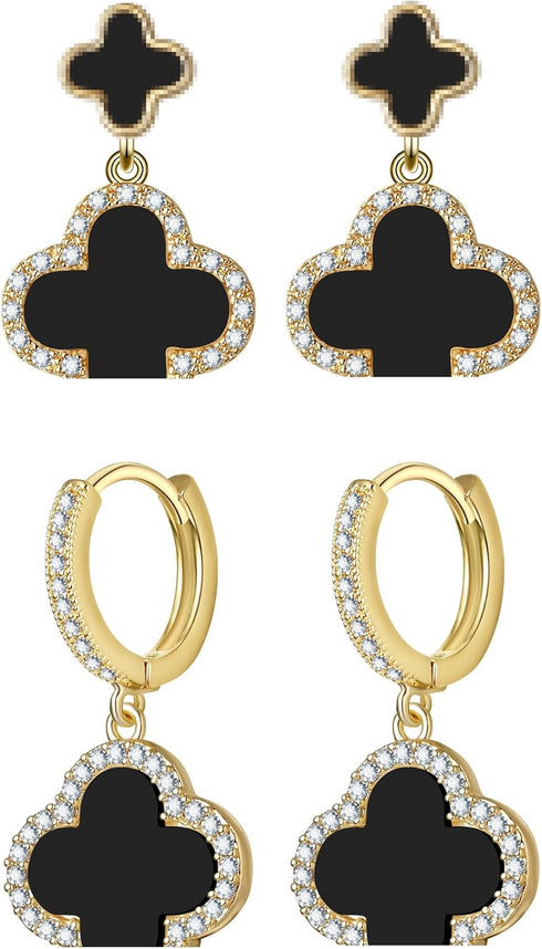 Lucky Clover Earrings Gold Dangle Hoop Earrings Black White Red Clover Earrings-Stud Jewelry Set for Women Trendy...