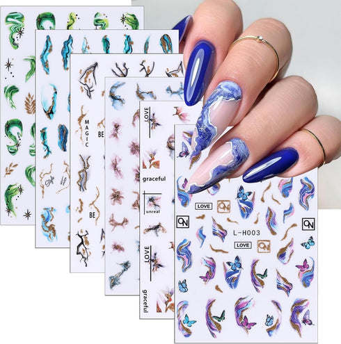 6 Sheets Smoky Marble Nail Art Stickers 3D Self-Adhesive Butterfly Nail Decals Wavy Stripes Geometry Abstract Nail Design Textured Lines Blooming ...