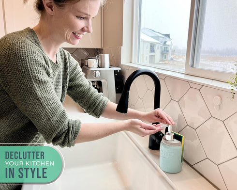 Mason Jar Kitchen Soap Dispenser & Sponge Holder - Sink Organizer - 14oz Kitchen Counter Liquid Soap Dispenser with Stainless Steel Pump, Blue Cer...
