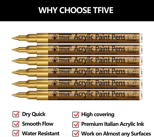 Gold Marker Paint Pens - 6 Pack Acrylic Gold Permanent Marker, 0.7mm Extra Fine Tip Paint Pen for Art projects, Drawing, Rock Painting, Stone, Cer...
