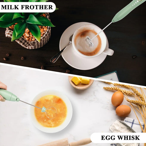 Double Whisk Milk Frother Handheld USB-C Rechargeable Electric Drink Mixer Green,3 Speeds Adjustable Coffee Foamer Drink Whisk for Lattes, Matcha,...