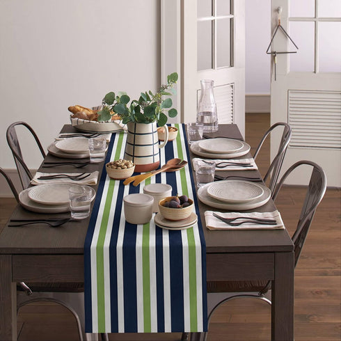 T&H XHome Durable Fabric Table Runner,Simple Navy Blue, Lime Green and White Stripe Washable Linen Table Runners for Home/Kitchen/Dining Table/Ind...