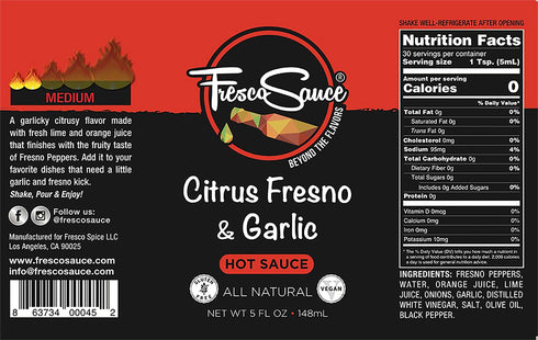 Fresco Sauce - Citrus Fresno & Garlic Hot Sauce - Lime Juice - Orange Juice - Fresno Peppers - Flavorful - All Natural- Vegan - Gluten Free...