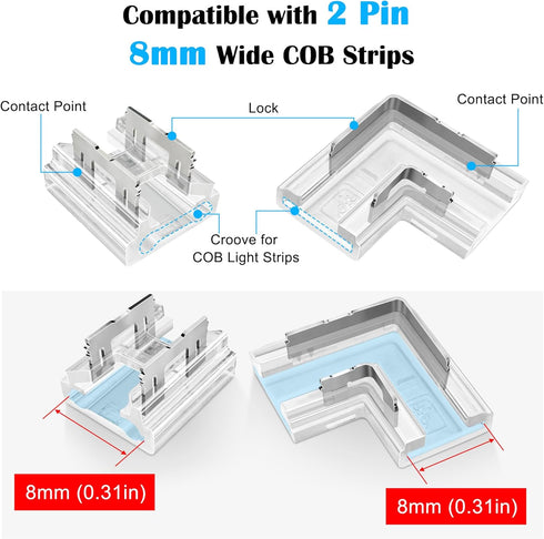 23PCS 8mm COB Led Strip Connectors Kit for COB led Strip Lights 2 Pin, 10pcs Transparent Connector, 6pcs L-Shaped Connectors, 2pcs Dual End, 4pcs ...