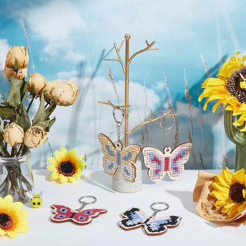 FREEBLOSS 16 Set Wooden Cross Stitch Kits DIY Keychain Wooden Embroidery Set Butterfly Wooden Threading Kit with Instruction Sewing Kits for Ages ...
