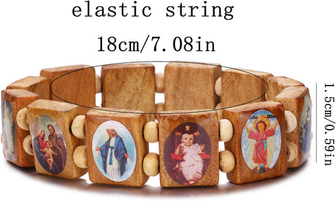 4pcs Wooden Jesus Virgin Mary Bracelet Saints Rosary, Stretchable Wooden Small Panel Bracelet, with Images of Religious Saints Jesus Gift for Men ...